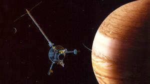 Una foto sin fecha generada por computadora de la NASA de la llegada de Galileo a Júpiter. Galileo fue una misión de la agencia espacial NASA al planeta Júpiter que constaba de un orbitador y de una sonda.