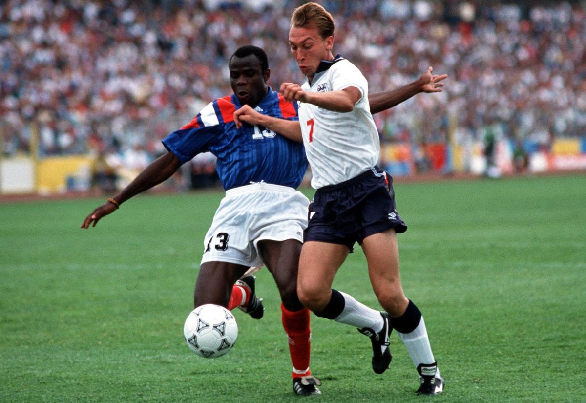 Sport, Football. European Championships, 1992. Malmo, Sweden. Group1. 14th June, 1992. England 0 v France 0. England’s David Platt about to be challenged by France’s Basile Boli.