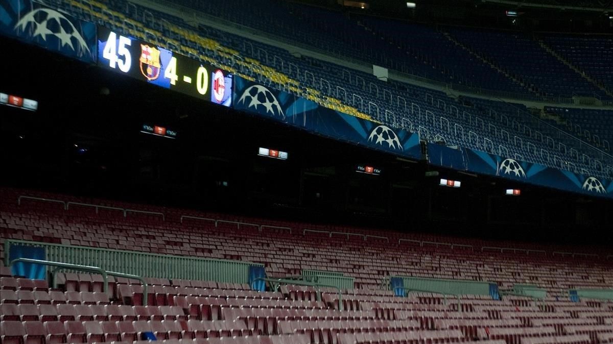 Una imagen del Camp Nou vacio tras un partido de Champions. Una imagen del Camp Nou vacio tras un partido de Champions.