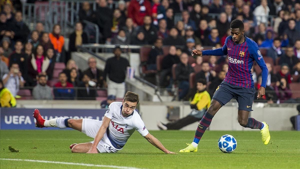 Dembélé hace el recorte previo para acabar su monumental jugada con un gran gol al Tottenham.