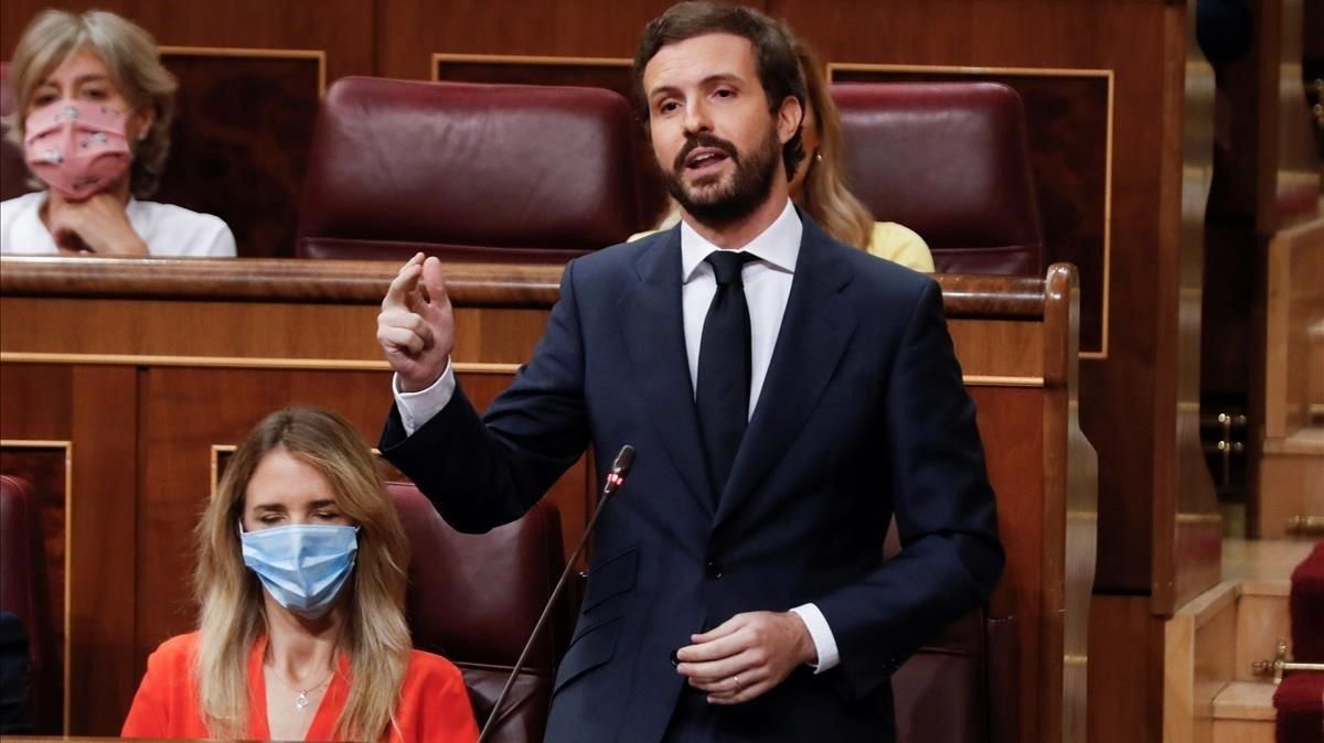 El líder del PP, Pablo Casado, durante una intervención en la sesión de control al Ejecutivo en el Congreso. El líder del PP, Pablo Casado, durante una intervención en la sesión de control al Ejecutivo en el Congreso.