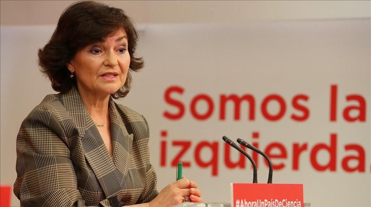 Carmen Calvo, la nueva vicepresidenta del Gobierno, en una rueda de prensa en la sede del PSOE. Carmen Calvo, la nueva vicepresidenta del Gobierno, en una rueda de prensa en la sede del PSOE.