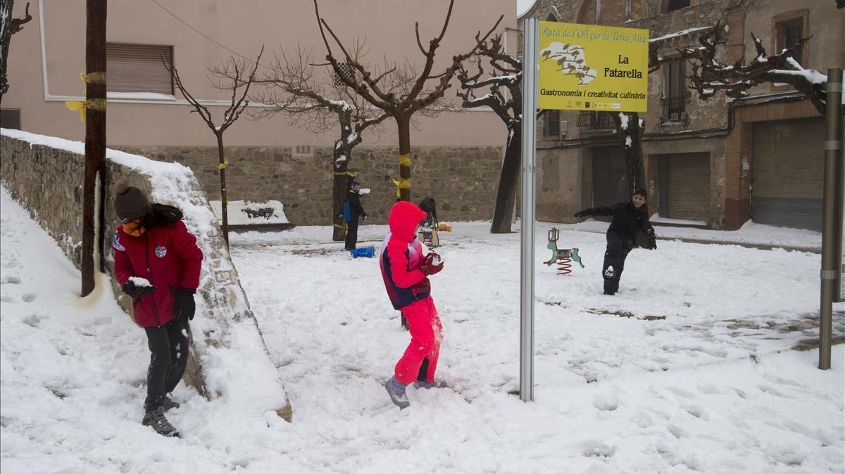 Escolares del municipio de La fatarella, Terra Alta, disfrutando de la nieve.