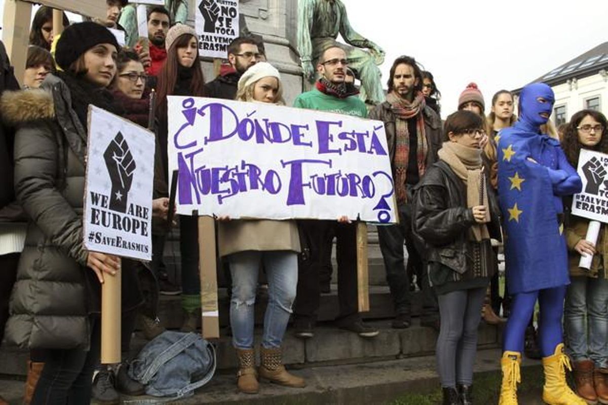 Protesta en Bruselas de la comunida de Erasmus españoles en noviembre pasado. EFE / ALFREDO LÓPEZ CALBACHO Protesta en Bruselas de la comunida de Erasmus españoles en noviembre pasado. EFE / ALFREDO LÓPEZ CALBACHO