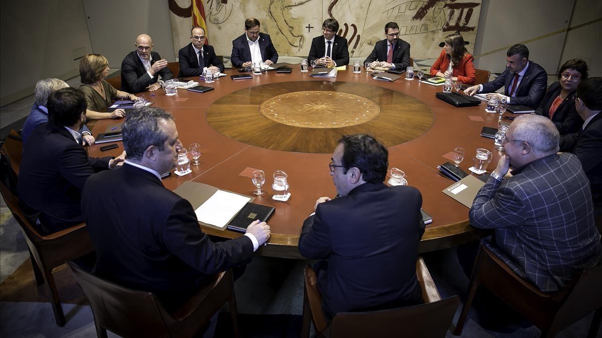 Reunión del Govern, esta mañana, al Palau de la Generalitat.