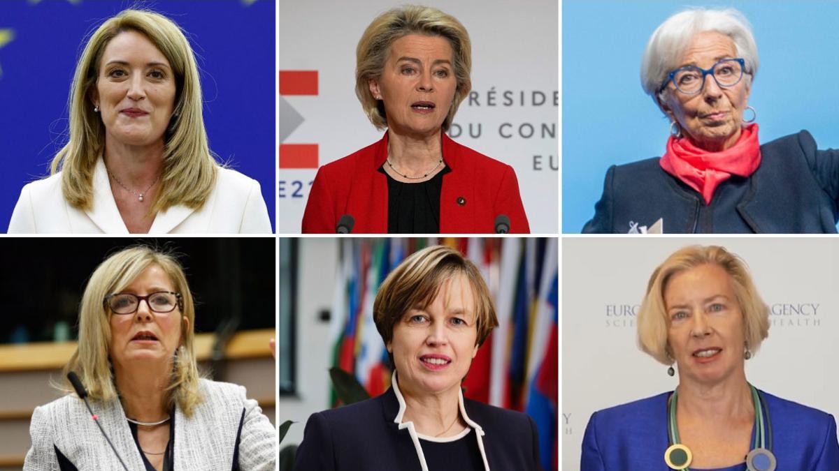 De izquierda a derecha y de arriba a abajo Roberta Metsola, Ursula von der Leyen, Christine Lagarde, Emily O’Reilly, Catherine de Bolle y  Emer Cooke