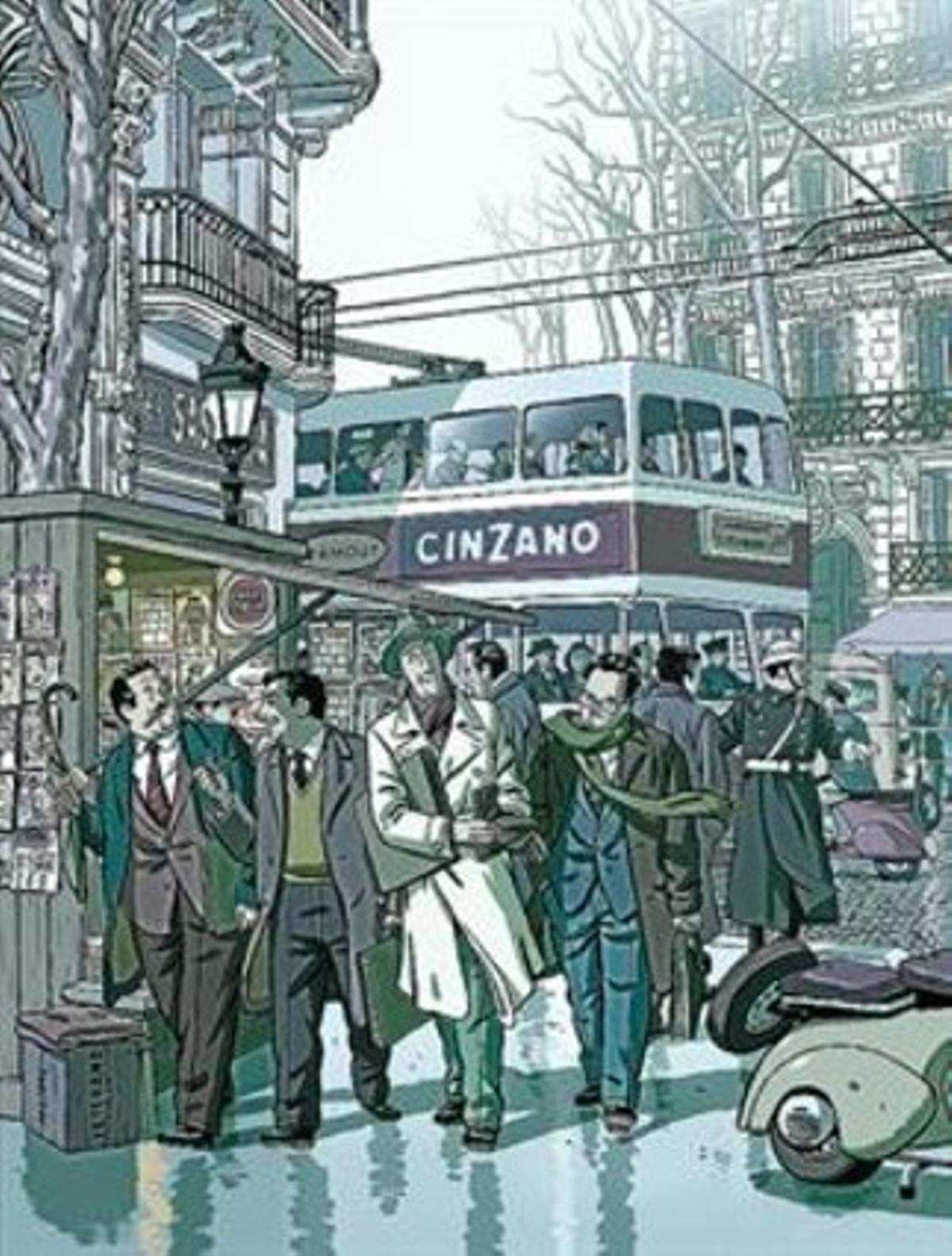 UN MUNDODE VIÑETAS 3Conti, Peñarroya, Escobar y Cifré pasean por una calle de Barcelona (izquierda) en la ilustración de portada del cómic de Paco Roca (derecha), y celebran el primer número de ’Tío Vivo’ (arriba). A la izquierda, el personaje de Víctor Mora con Armonía, guionista y traductora de Bruguera. Abajo, promoción de la nueva revista.