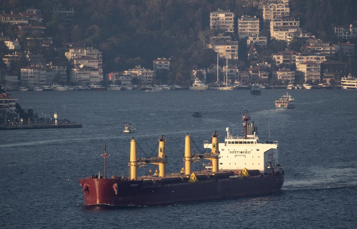 Un carguero con grano ucraniano navega en el Bósforo el 2 de noviembre de 2022