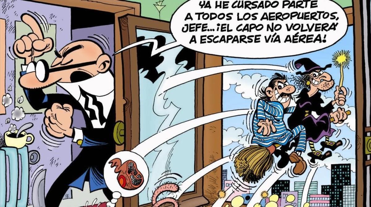 Fragmento de la portada ’¡El capo de escapa!’, nueva aventura de Mortadelo y Filemón. Fragmento de la portada ’¡El capo de escapa!’, nueva aventura de Mortadelo y Filemón.