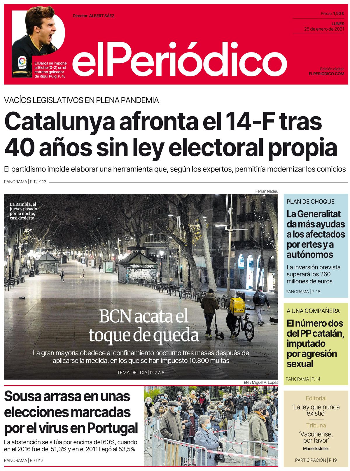 La portada de EL PERIÓDICO del 25 de enero de 2021 La portada de EL PERIÓDICO del 25 de enero de 2021
