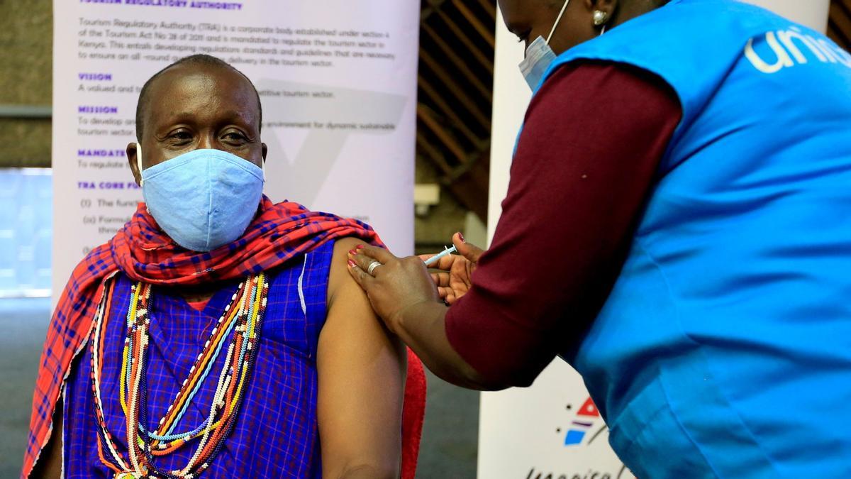 FILE PHOTO: Kenyan tour guide Daniel Ole Kissipan receives the AstraZeneca/Oxford vaccine under the COVAX scheme in Nairobi
