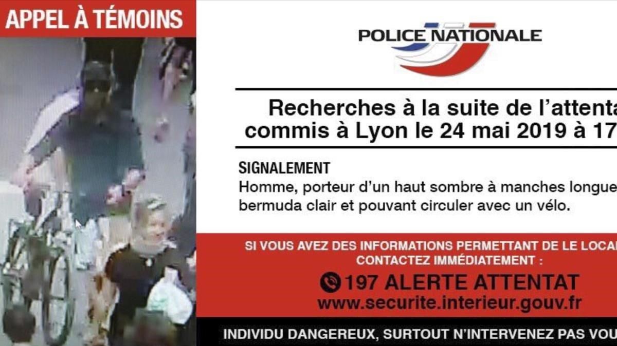 Imagen difundida por la policía pidiendo la colaboración ciudadana para encontrar al autor de la explosión en Lyon. Imagen difundida por la policía pidiendo la colaboración ciudadana para encontrar al autor de la explosión en Lyon.