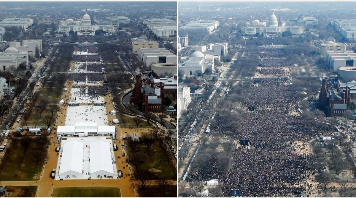 Público en la toma de posesión de Trump (izquierda) y en la de Obama en el 2009.