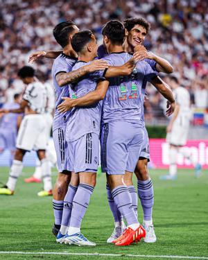 Los jugadores del Real Madrid celebran el gol de Asensio ante la Juventus. 