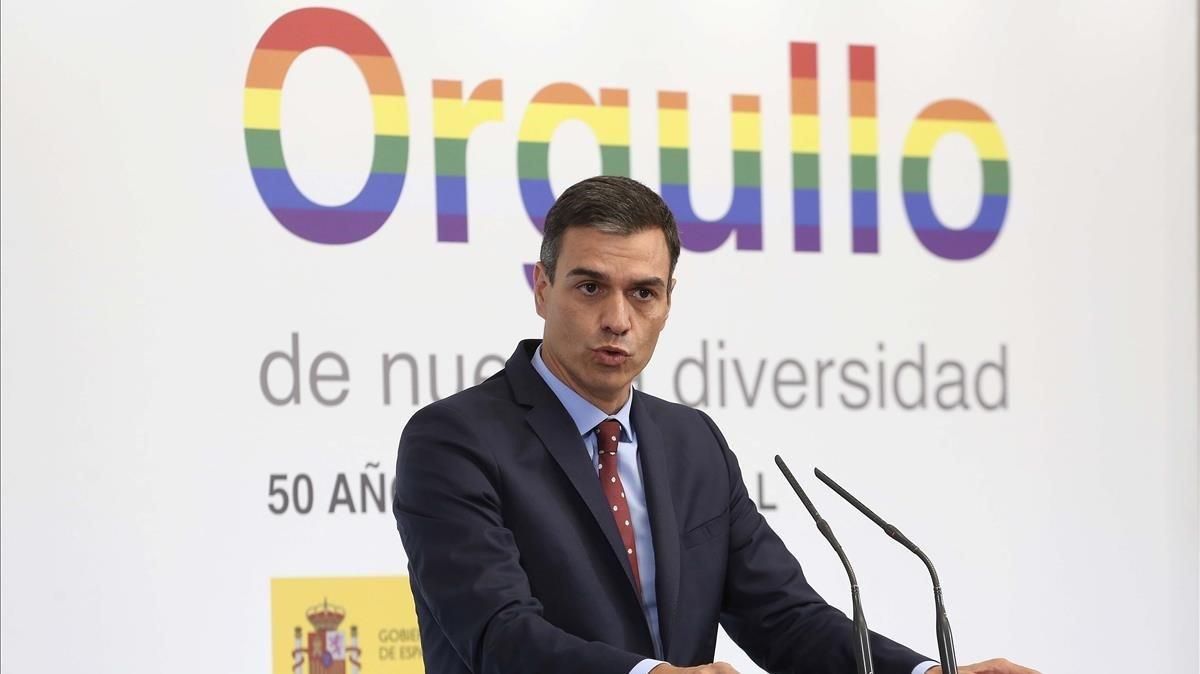 El presidente del Gobierno, Pedro Sánchez, recibe en Madrid a representantes de colectivos LGTBI con motivo de la celebración de la Semana del Orgullo, el 3 de julio del año pasado. El presidente del Gobierno, Pedro Sánchez, recibe en Madrid a representantes de colectivos LGTBI con motivo de la celebración de la Semana del Orgullo, el 3 de julio del año pasado.