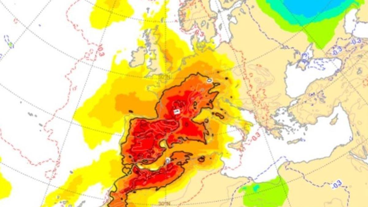 Mapa de la AEMET con el modelo europeo que prevé calor intenso para mediados de mayo.