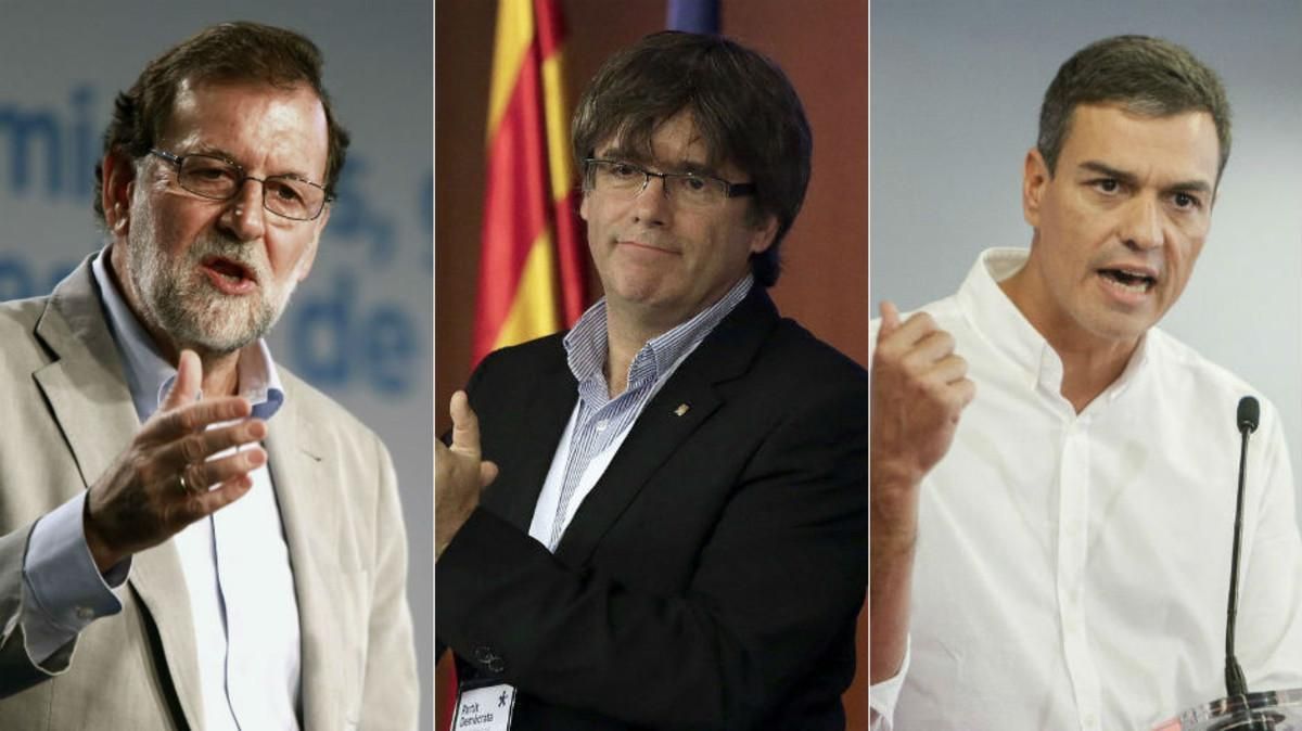 Mariano Rajoy, Carles Puigdemont y Pedro Sánchez. Mariano Rajoy, Carles Puigdemont y Pedro Sánchez.