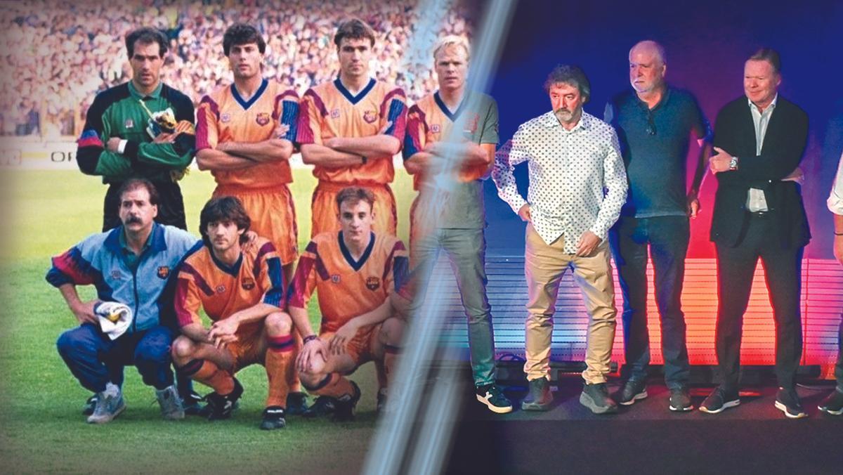 Fotomontaje con los jugadores del Barça en Wembley en 1992 y algunos de ellos, este mes de mayo.
