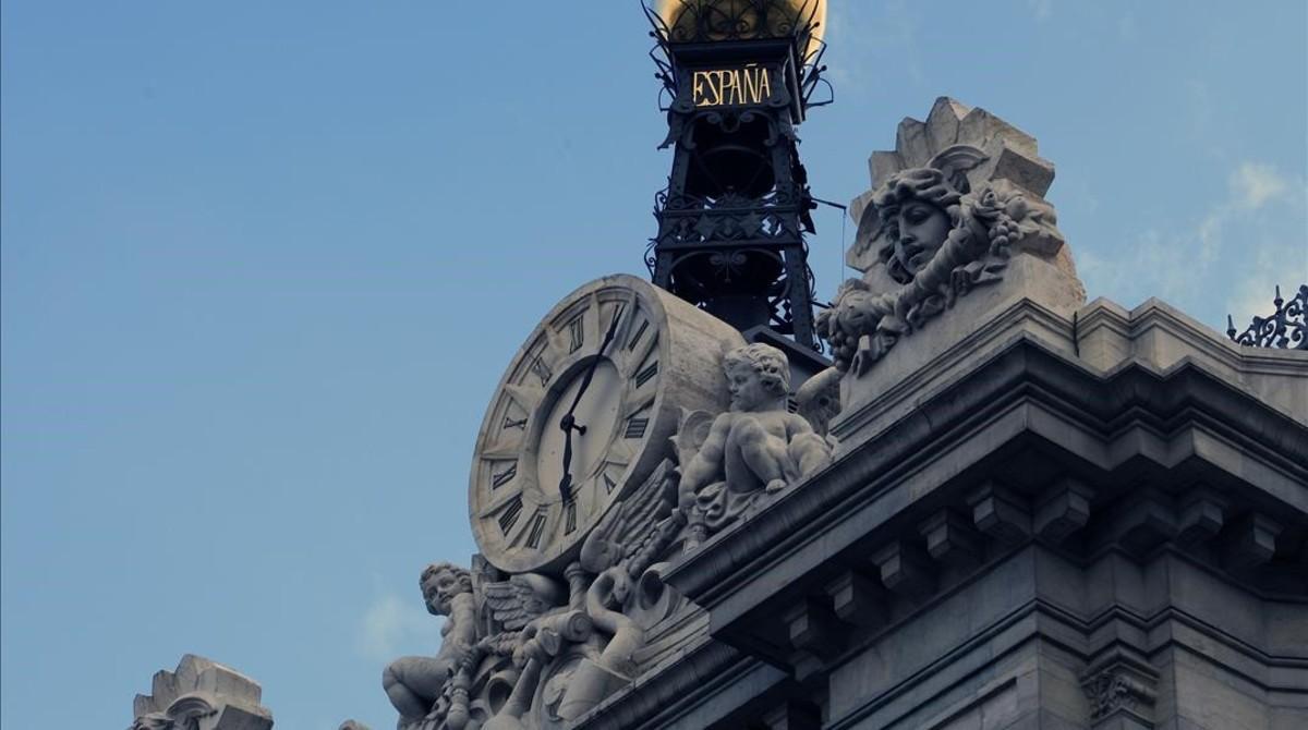 Detalle de la fachada del Banco de España en la Plaza de Cibeles, en Madrid. 