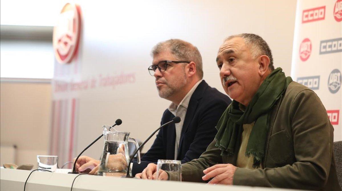 Los secretarios generales de CCOO, Unai Sordo, y de UGT, Pepe Álvarez, en una imagen de archivo.