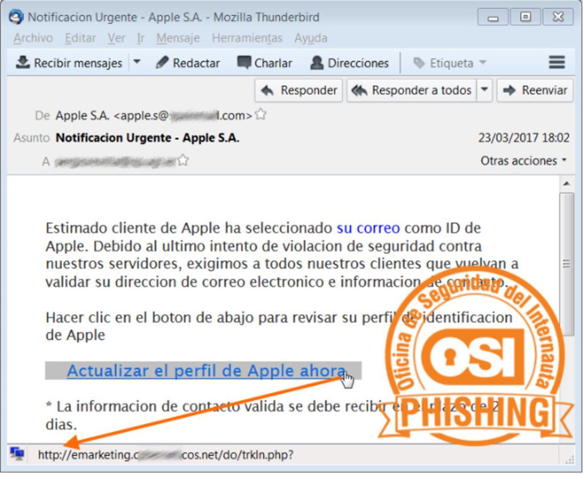Aspecto del correo fraudulento (’phishing’) que pueden recibir los usuarios de Apple.