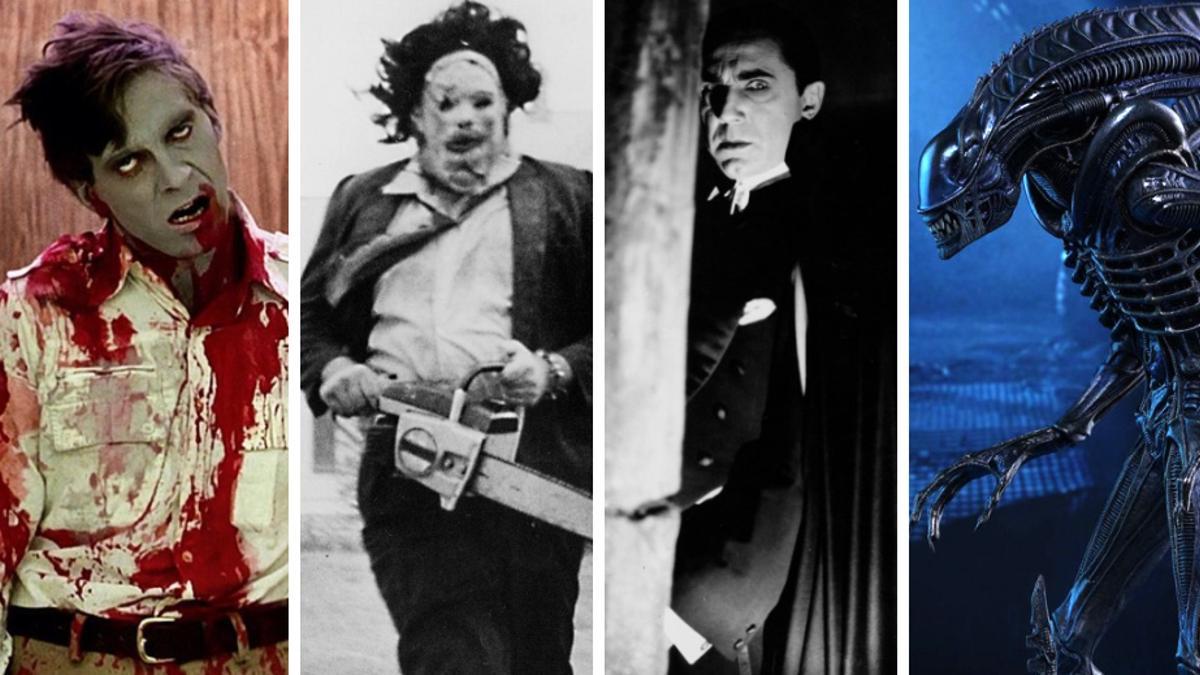 De izquierda a derecha, ’Zombi’, de George A. Romero; Leatherface en ’La matanza de Texas’; Bela Lugosi como Drácula y el xenomorfo de la saga ’Alien’