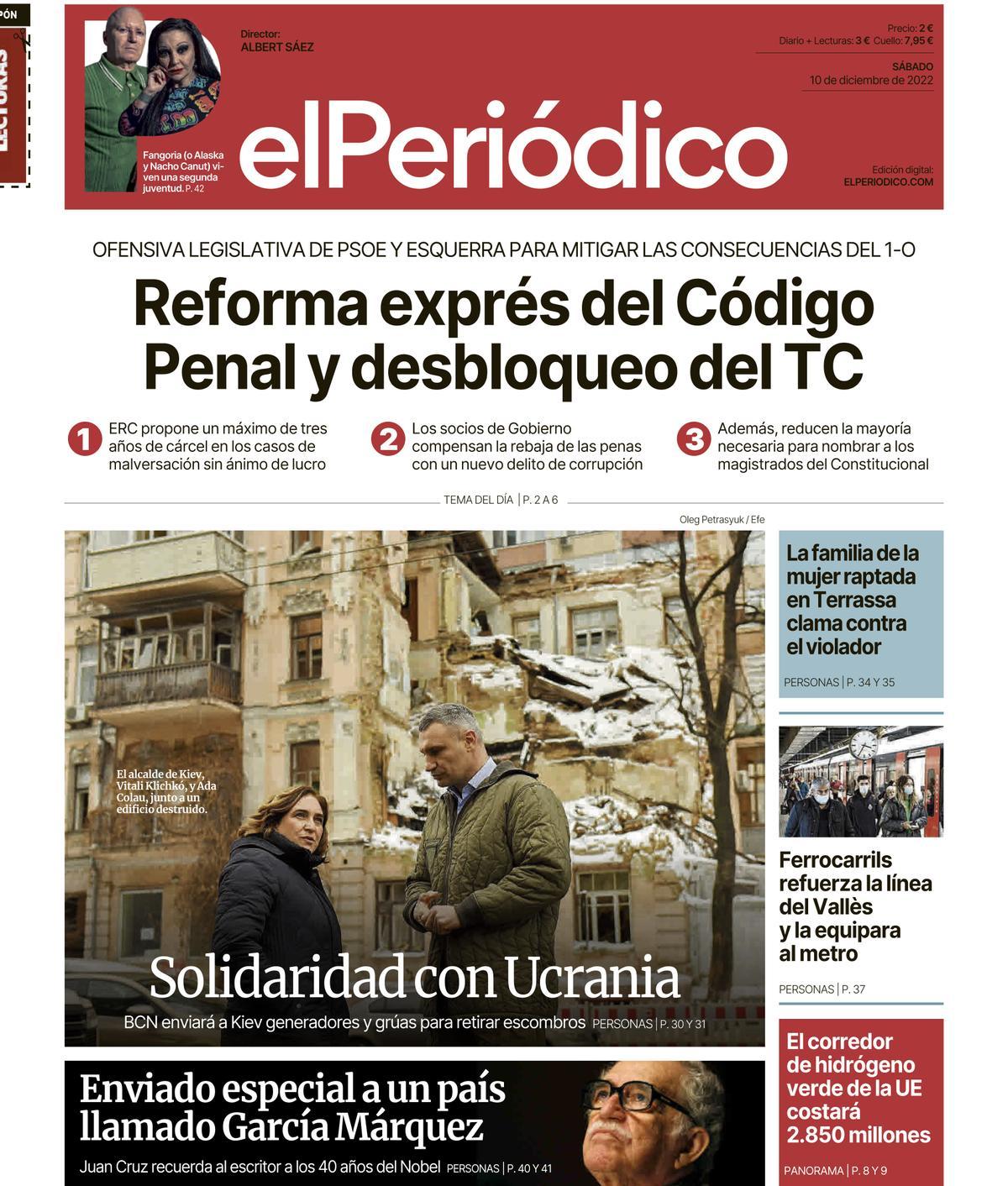 La portada de EL PERIÓDICO del 10 de diciembre de 2022