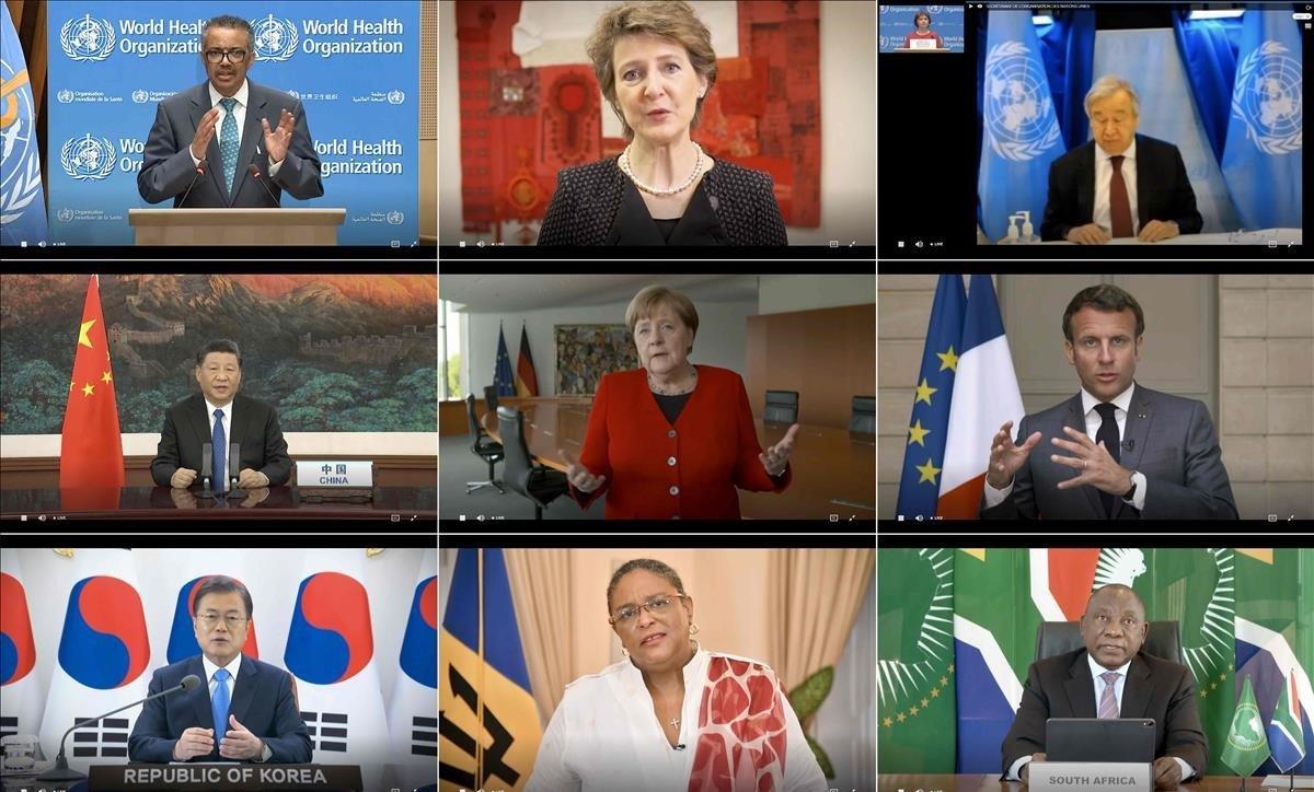 Participantes en la asamblea virtual de la OMS: de izquierda a derecha y de arriba abajo, Ghebreyesus (director general de la OMS), Sommaruga (Suiza), Guterres (ONU), Xi (China), Merkel (Alemania), Macron (Francia), Moon (Corea del Sur), Mottley (Barbados) y Ramaphosa (Sudáfrica).