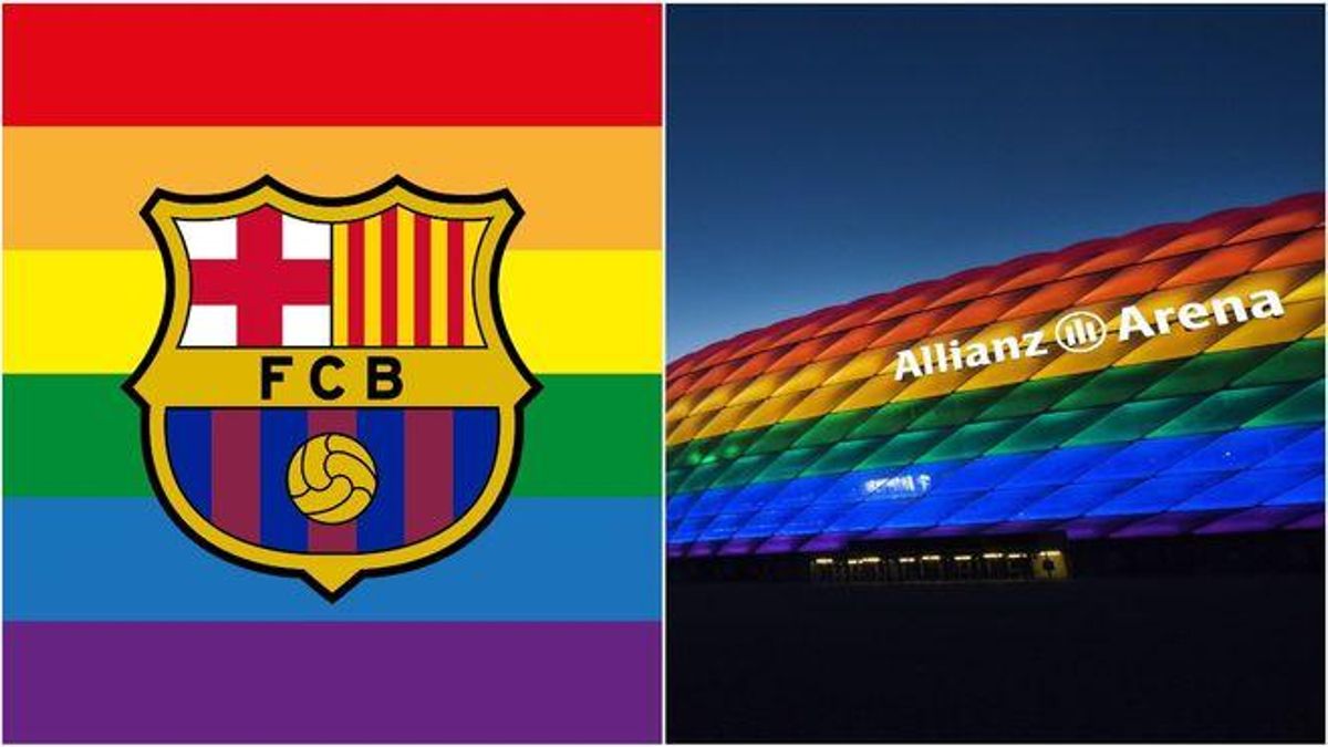 El escudo del Barça y el estadio Allianz Arena iluminado con los colores que simbolizan el movimiento LTGBI El escudo del Barça y el estadio Allianz Arena iluminado con los colores que simbolizan el movimiento LTGBI
