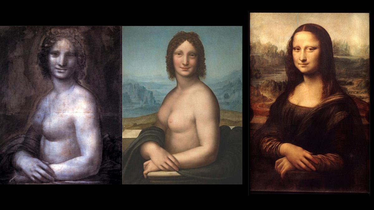 El dibujo del museo de Chantilly, la Gioconda desnuda del Hermitage y el original del Louvre.