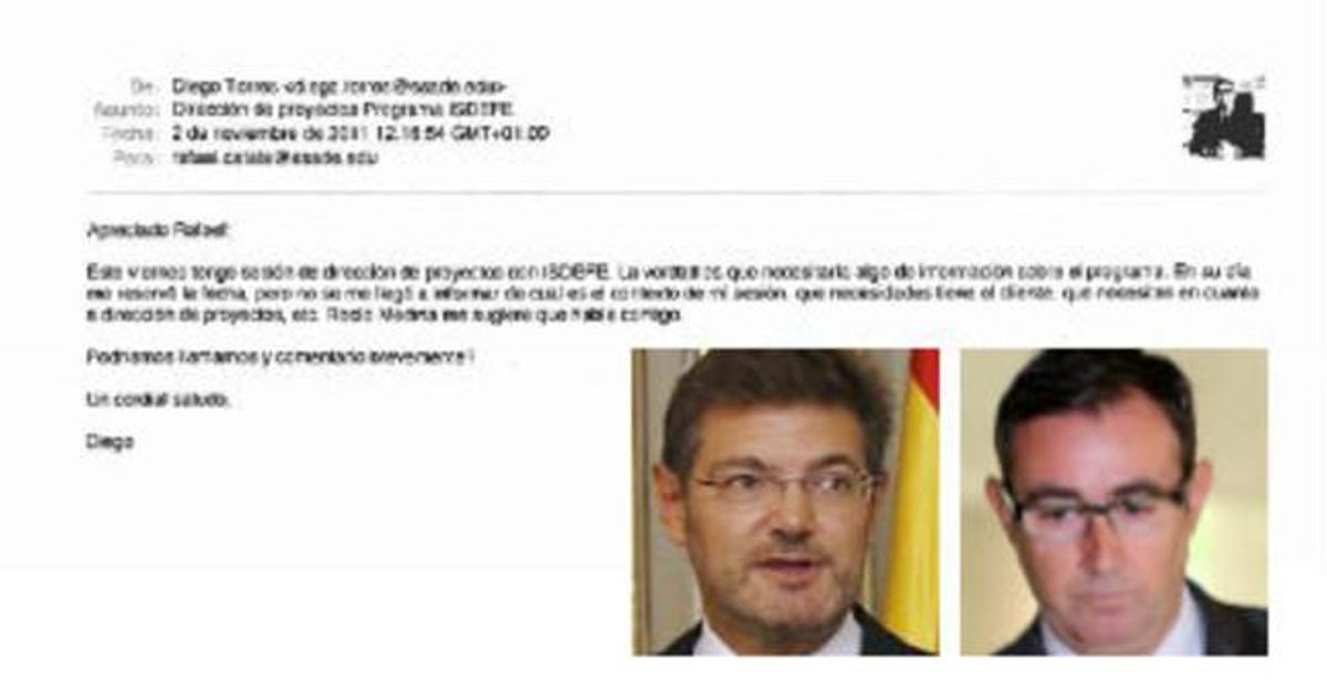 Correo entre Diego Torres, exsocio de Iñaki Urdangarín, y el actual ministro de Justicia, Rafael Catalá. Correo entre Diego Torres, exsocio de Iñaki Urdangarín, y el actual ministro de Justicia, Rafael Catalá.