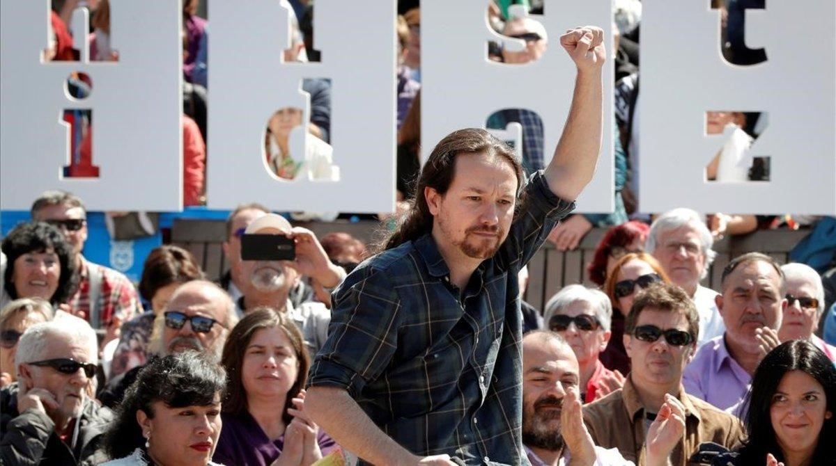 El secretario general de Podemos y candidato a la presidencia, Pablo Iglesias, en un acto en Pamplona
