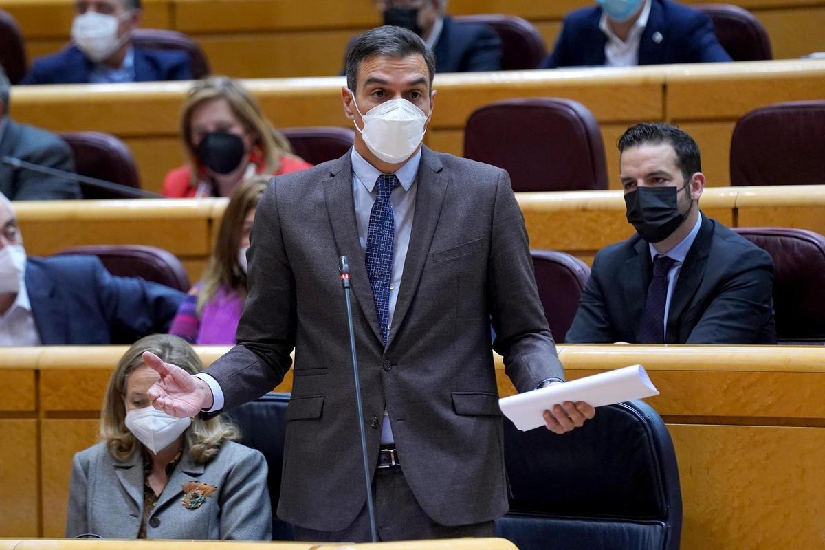 El presidente del Gobierno, Pedro Sánchez, durante la sesión de control al Ejecutivo en el Senado, este 15 de febrero de 2022. El presidente del Gobierno, Pedro Sánchez, durante la sesión de control al Ejecutivo en el Senado, este 15 de febrero de 2022.