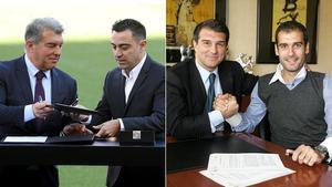 Laporta firma con Xavi en el 2021; Laporta firma con Guardiola en el 2008.