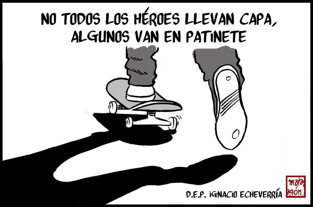 Viñeta del dibujante Malagón con que homenajea el heroísmo de Echeverría. Viñeta del dibujante Malagón con que homenajea el heroísmo de Echeverría.