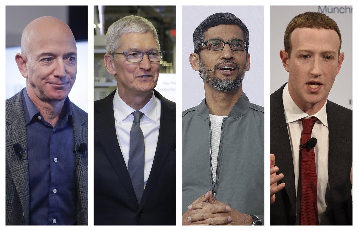 This combination of 2019-2020 photos shows Amazon CEO Jeff Bezos, Apple CEO Tim Cook, Google CEO Sundar Pichai and Facebook CEO Mark Zuckerberg. On Wednesday, July 29, 2020, the four Big Tech leaders will answer for their companiesâ practices before Congress at a hearing by the House Judiciary subcommittee on antitrust.Â  (AP Photo/Pablo Martinez Monsivais, Evan Vucci, Jeff Chiu, Jens Meyer)