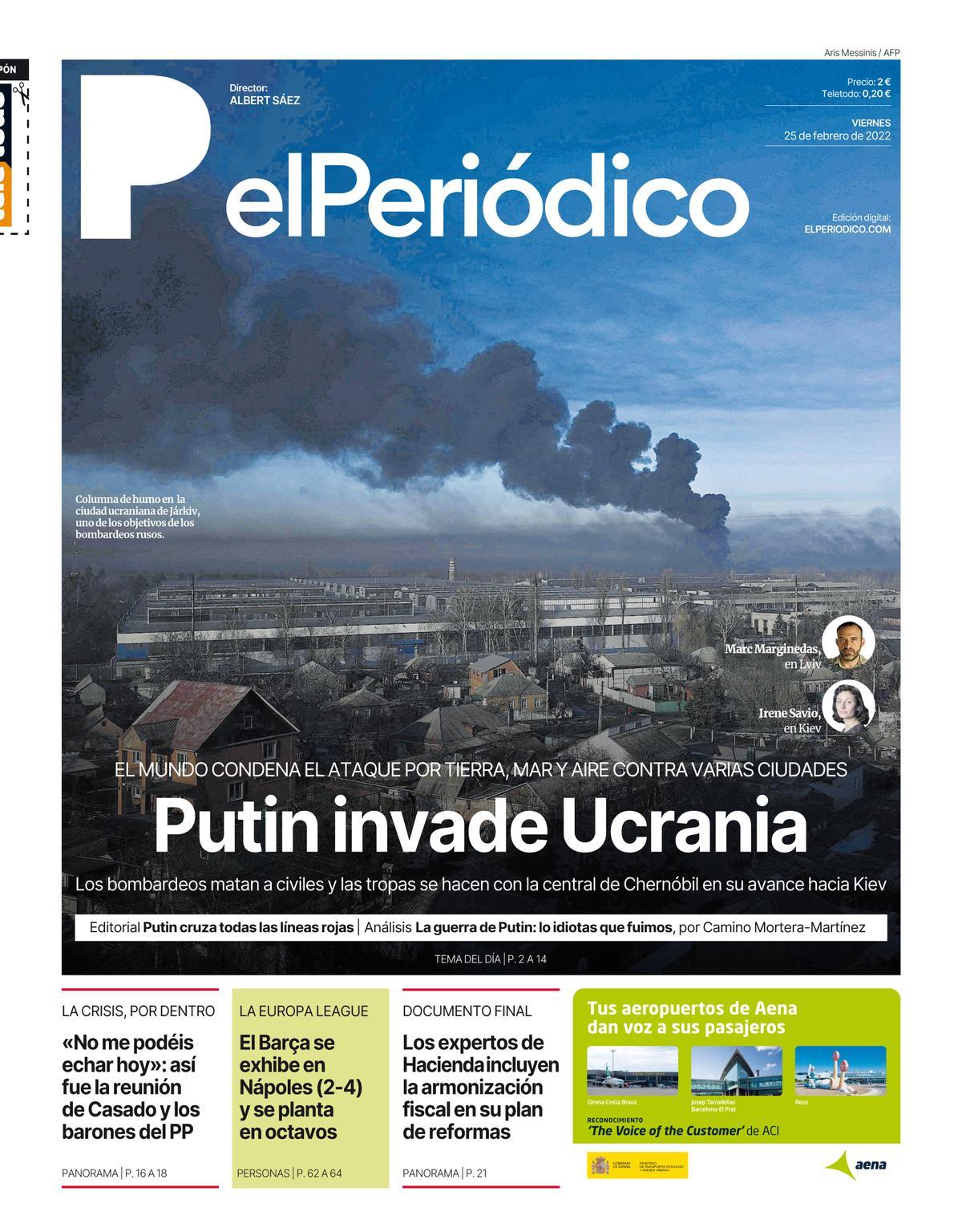 La portada de EL PERIÓDICO del 25 de febrero de 2022
