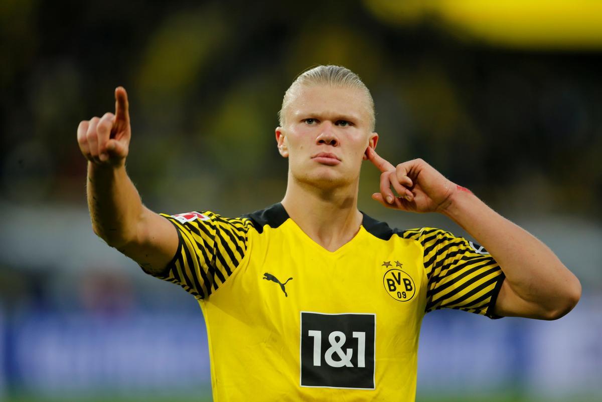 Erling Haaland reacciona tras uno de sus goles con el Dortmund