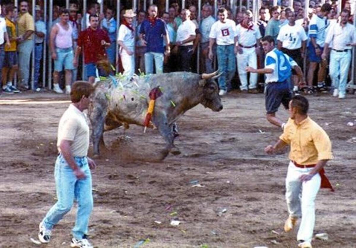 Un toro herido con dardos y otros objetos punzantes lanzados por el público, en Coria (Cáceres) en 1997. Esta práctica fue prohibida hace dos años.