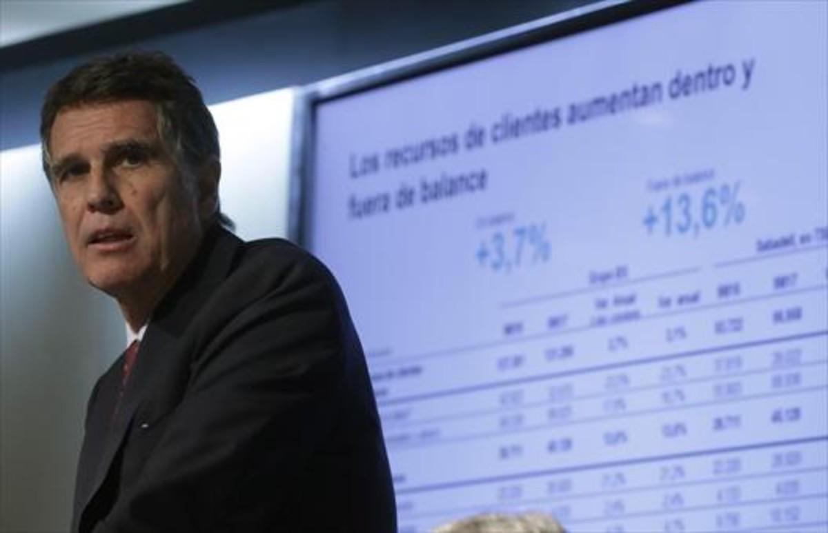El consejero delegado del Banc Sabadell, Jaime Guardiola,  en la rueda de prensa celebrada en Madrid para presentar los resultados.