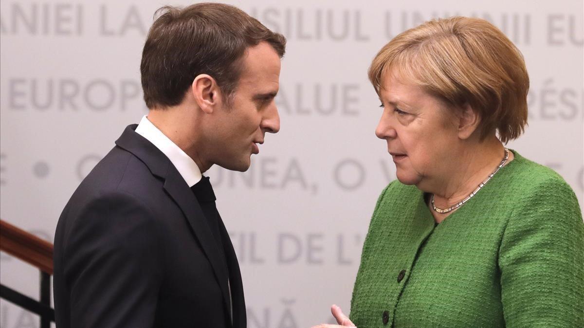 Macron y Merkel durante la cumbre de la UE en Sibiu, Rumanía, el pasado 9 de mayo.