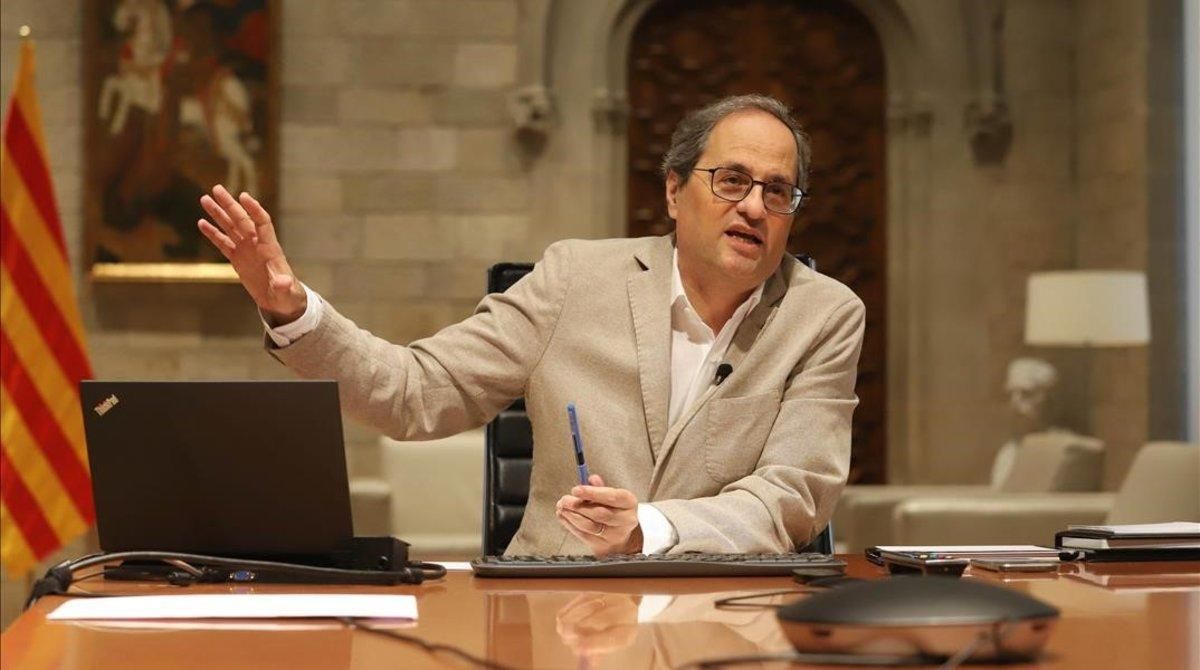 Quim Torra, en la reunión telemática con Pedro Sánchez y el resto de presidentes autonómicos del 7 de junio. Quim Torra, en la reunión telemática con Pedro Sánchez y el resto de presidentes autonómicos del 7 de junio.