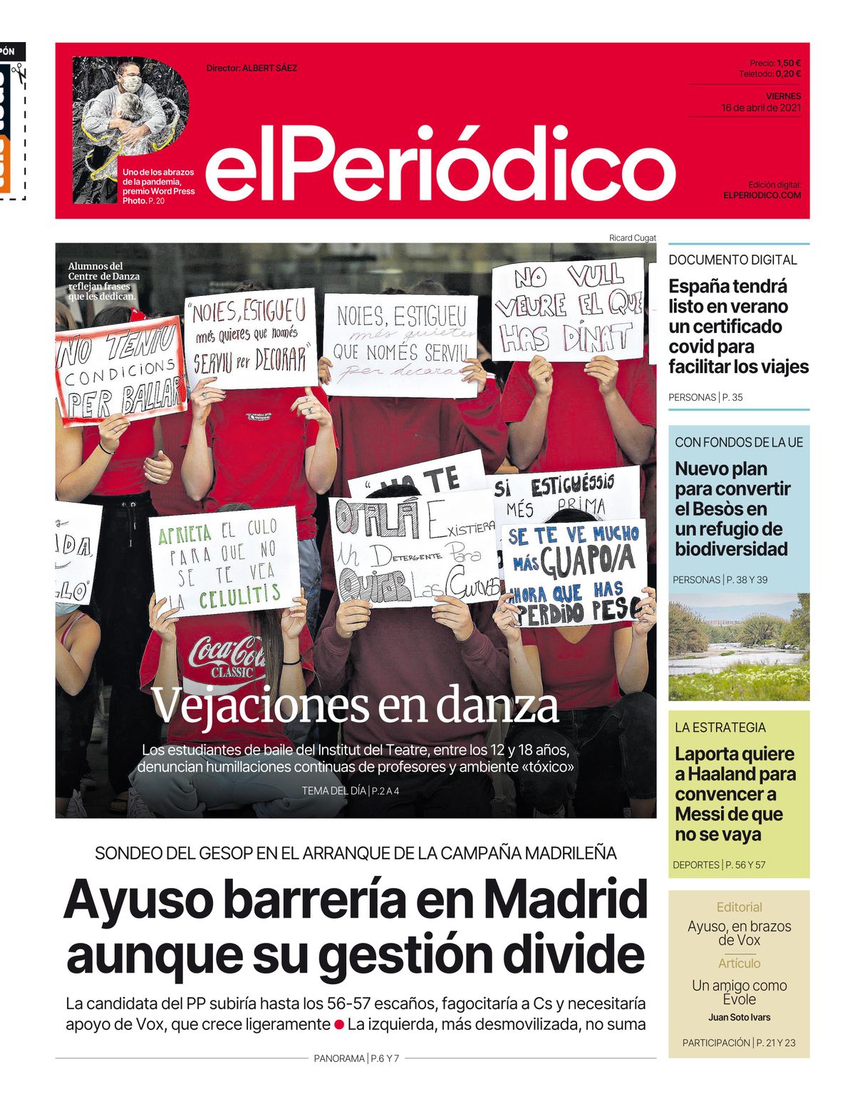 La portada de EL PERIÓDICO del 16 de abril del 2021 La portada de EL PERIÓDICO del 16 de abril del 2021