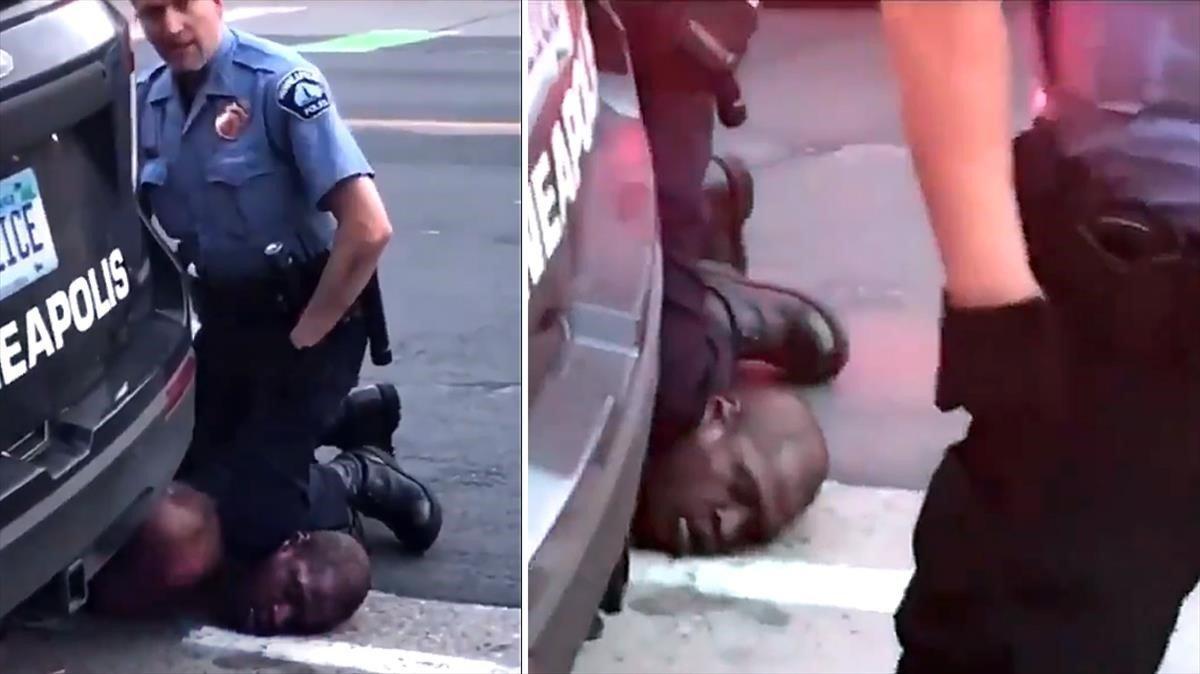 Dos momentos del vídeo en los que se puede ver cómo el policía de Minneapolis pisa el cuello de George Floyd hasta dejarle inconsciente. Dos momentos del vídeo en los que se puede ver cómo el policía de Minneapolis pisa el cuello de George Floyd hasta dejarle inconsciente.