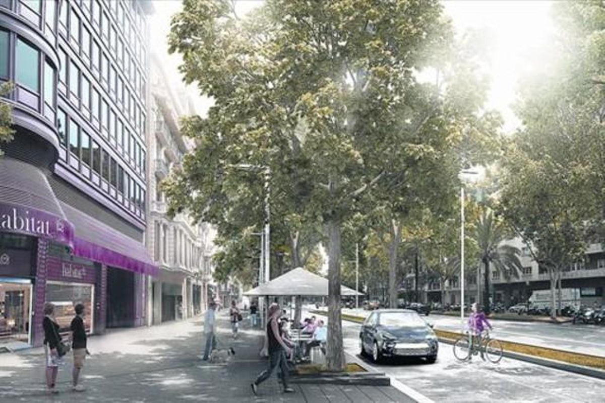 Imagen virtual de la nueva acera montaña de la Diagonal a la altura de Tuset con el único carril lateral de circulación y el contiguo carril bici. Imagen virtual de la nueva acera montaña de la Diagonal a la altura de Tuset con el único carril lateral de circulación y el contiguo carril bici.