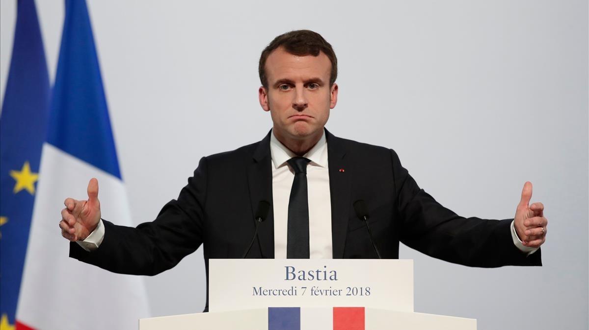 El presidente francés, Emmanuel Macron, durante su discurso en Bastia, Córcega.