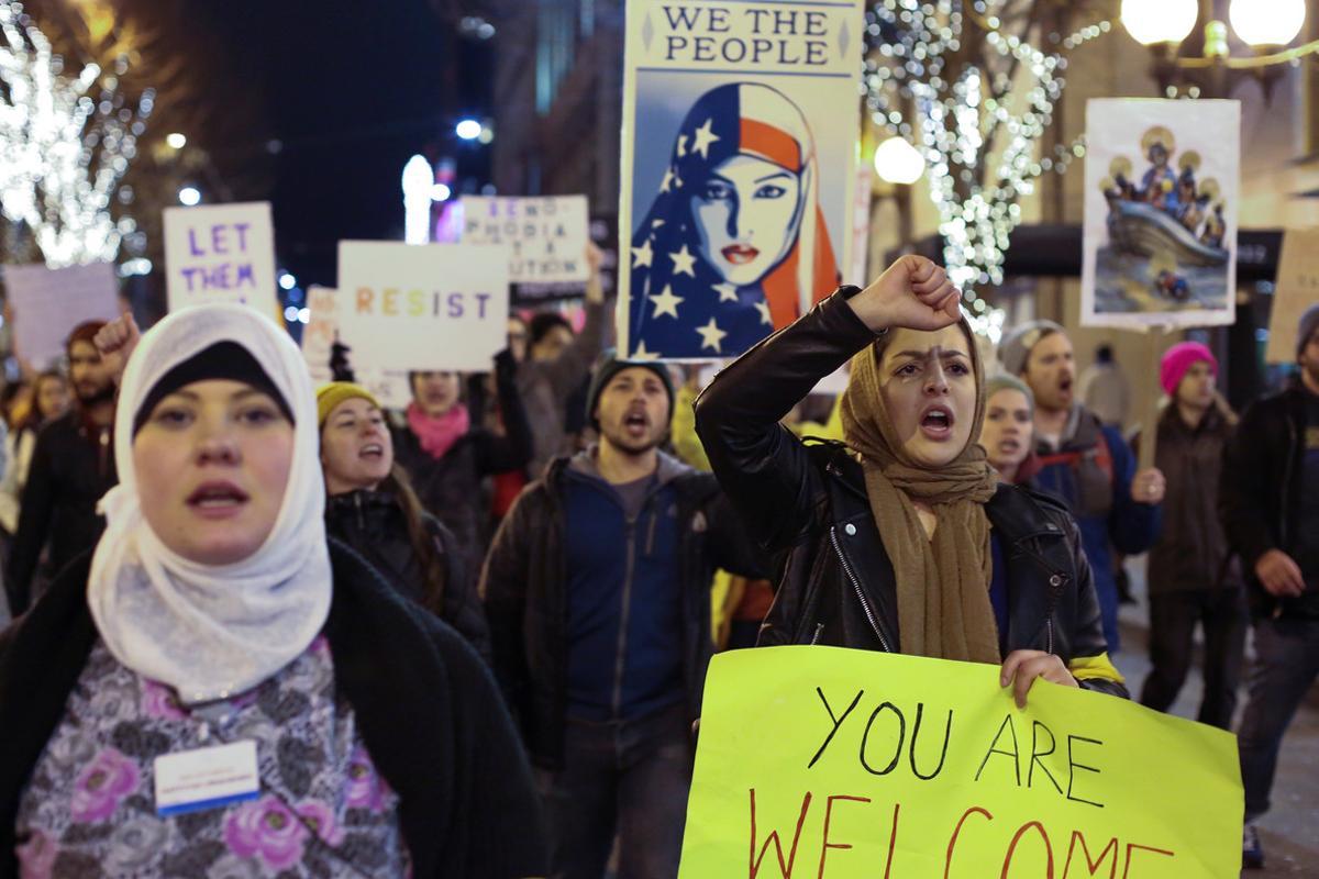 Manifestación en Seattle (EEUU) contra el veto de Trump a los musulmanes.