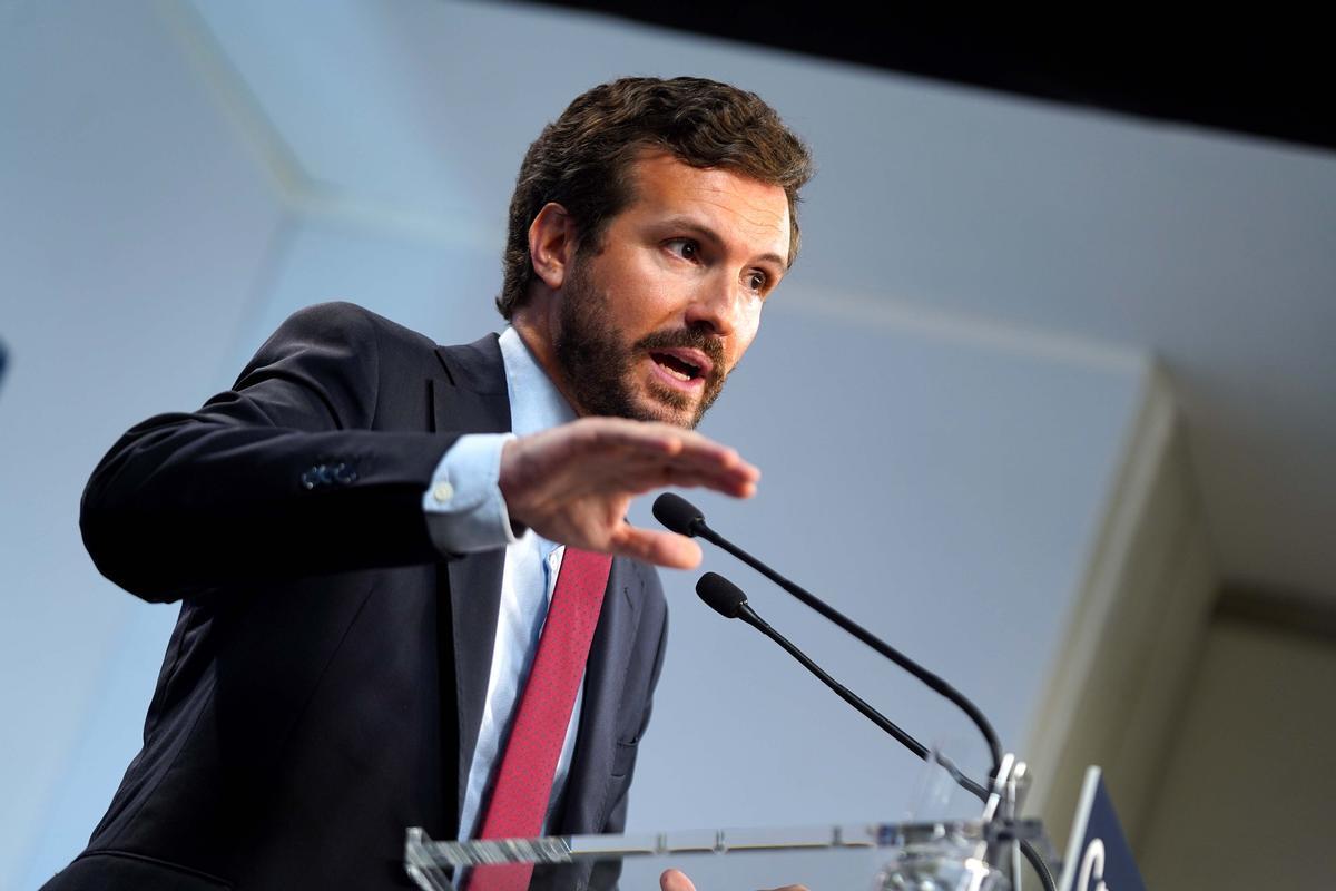 Pablo Casado, en la sede del PP en Madrid, durante una rueda de prensa el 29 de julio de 2021.