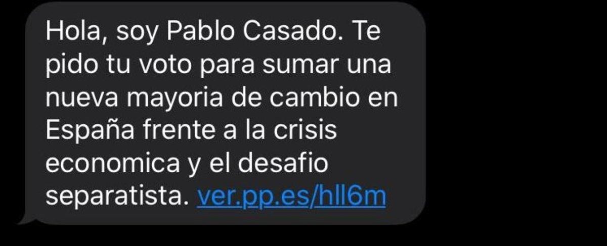 El SMS del líder del PP, Pablo Casado, en la campaña del 10-N. El SMS del líder del PP, Pablo Casado, en la campaña del 10-N.