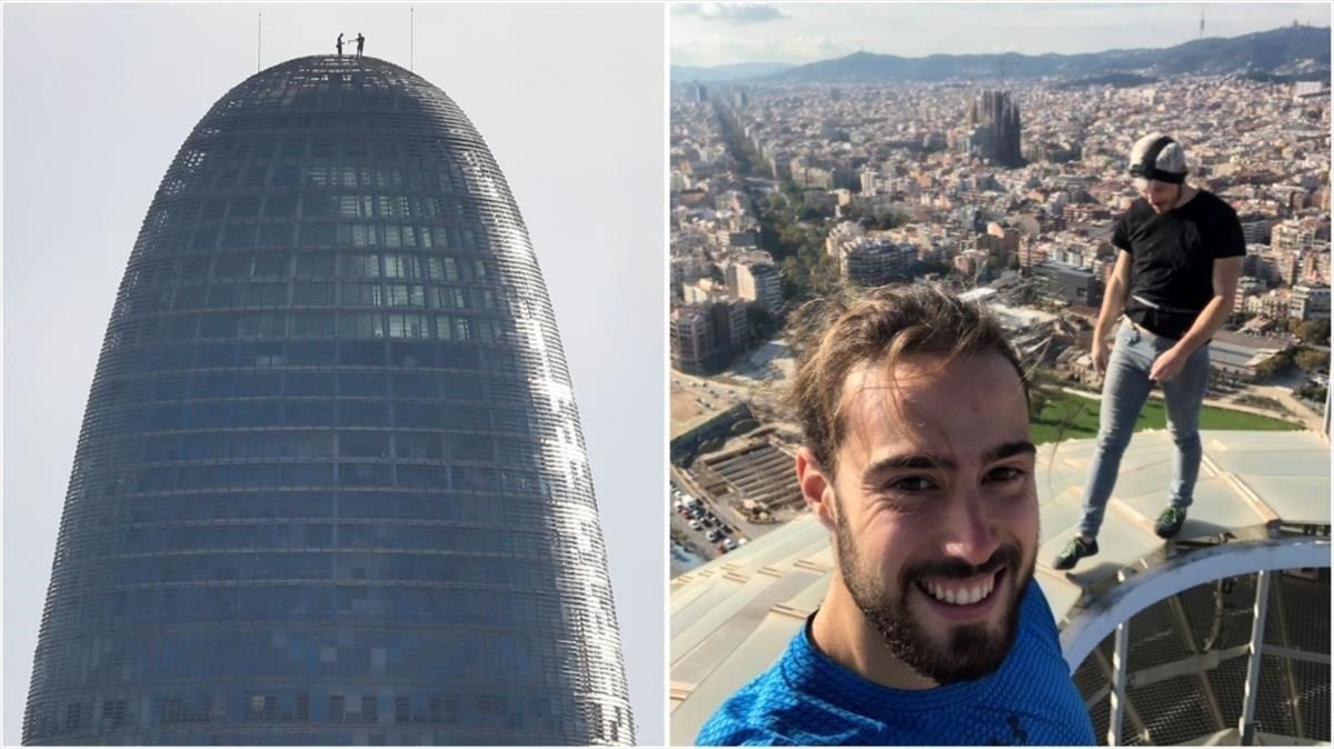 El ’selfi’ de Mathieux y Urban en lo más alto de la torre Glòries, desde dos perspectivas El ’selfi’ de Mathieux y Urban en lo más alto de la torre Glòries, desde dos perspectivas